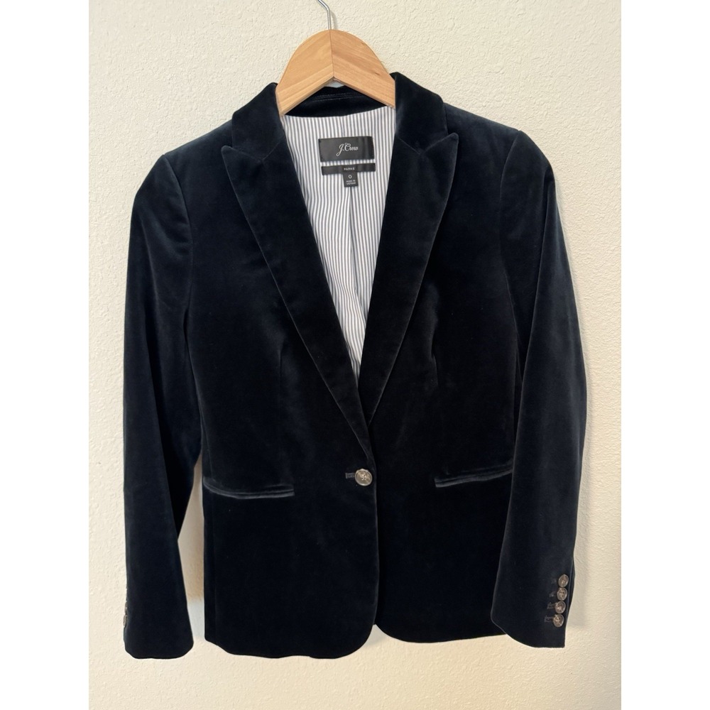 J Crew Women's Black Velvet‎ Parke Blazer Jacket Size 0 One Button Cotton/Poly